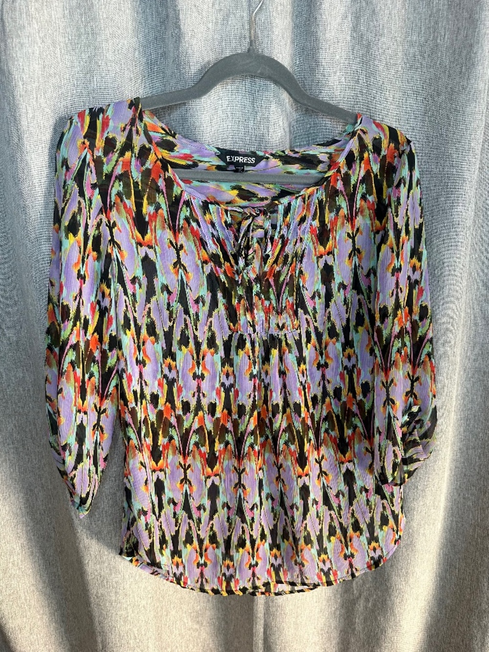 Express Geometric Ikat Print Peasant Blouse Sheer Multicolor Size M